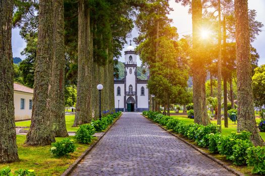Church of Sao Nicolau (Saint Nicolas) with an alley of tall trees and hydrangea flowers in Sete cidades on Sao Miguel island, Azores, Portugal. Parish Church of St. Nicholas, Sete Cidades, Azores.