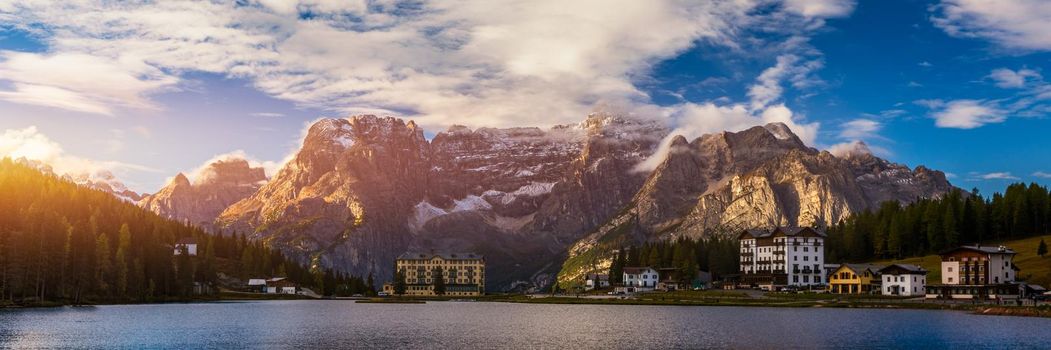 Lake Misurina or Lago di Misurina Italy. Misurina Lake with perfect sky reflection in calm water. Stunning view on the majestic Dolomites Alp Mountains, Italy, National Park Tre Cime di Lavaredo.