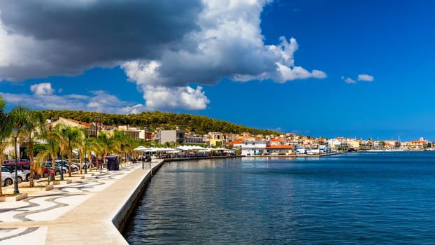 Aerial drone view of Argostoli (Argostolion), famous city and capital of Cefalonia (Kefalonia) island, Ionian islands, Greece. Argostoli town, former municipality on the island of Kefalonia, Greece.