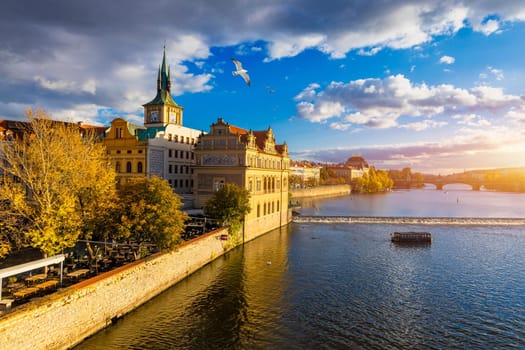 Charles Bridge in Prague in Czechia. Prague, Czech Republic. Charles Bridge (Karluv Most) and Old Town Tower. Vltava River and Charles Bridge. Concept of world travel, sightseeing and tourism.