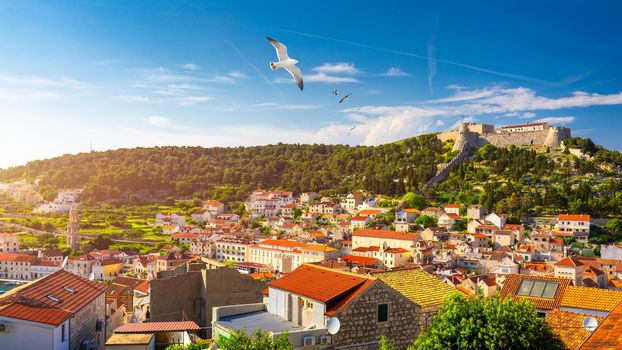 The Fortica fortress (Spanish Fort or Spanjola Fortres) on the Hvar island in Croatia. Ancient fortress on Hvar island over town (citadel), popular touristic attraction of Adriatic coast, Croatia.