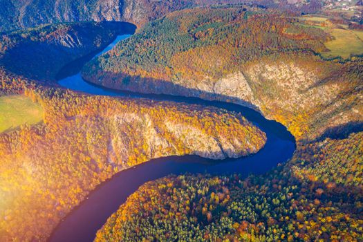 Beautiful view of Vltava river from Maj viewpoint. Czech Republic, Krnany, Europe. Maj viewpoint next to Prague in central Bohemia, Czech Republic. Aerial view of incredible Vyhlidka Maj.