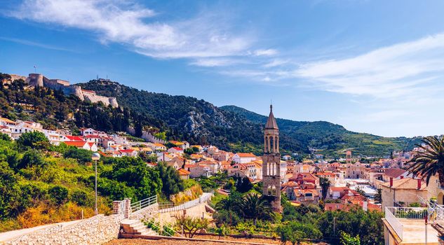 View at amazing archipelago in front of town Hvar, Croatia. Harbor of old Adriatic island town Hvar. Popular touristic destination of Croatia. Amazing Hvar city on Hvar island, Croatia.