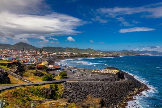 Panoramic cityscape view to Municipality and central square Of Ribeira Grande, Sao Miguel, Azores, Portugal. Central square of Ribeira Grande, Sao Miguel, Azores, Portugal.
