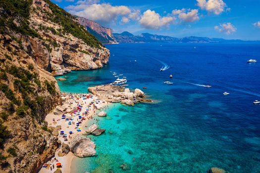 Cala Mariolu view from above. Cala Mariolu famous beach. Italy Sardinia Nuoro province National Park of the Bay of Orosei and Gennargentu Cala Mariolu listed as World Heritage. Sardinia, Italy.