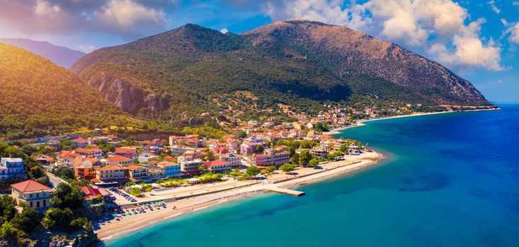 Aerial view of city of Poros, Kefalonia island in Greece. Poros city in middle of the day. Cephalonia or Kefalonia island, Ionian Sea, Greece. Poros village, Kefalonia island, Ionian islands, Greece.