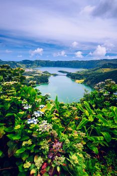 The Astonishing Lagoon Of The Seven Cities (Lagoa Das 7 Cidades), In Sao Miguel Azores, Portugal. Lagoon of the Seven Cities, Sao Miguel island, Azores. Ocean, aerial. Sao Miguel, Azores, Portugal.