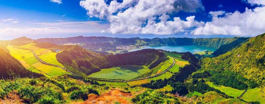 View of Sete Cidades near Miradouro da Grota do Inferno viewpoint, Sao Miguel Island, Azores, Portugal. Grota do Inferno viewpoint at Sete Cidades on Sao Miguel Island, Azores, Portugal.