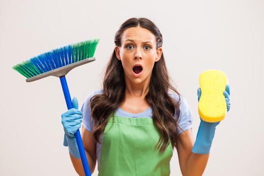 Portrait of housewife who doesn't like cleaning.