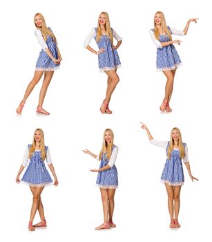 Caucasian woman in plaid blue dress isolated on white