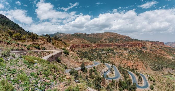 winding road in Semien, Simien Mountains National Park landscape in Northern Ethiopia. Africa countryside wilderness