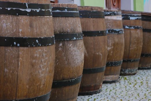 View of large wooden barrels for storing wine or other alcohol