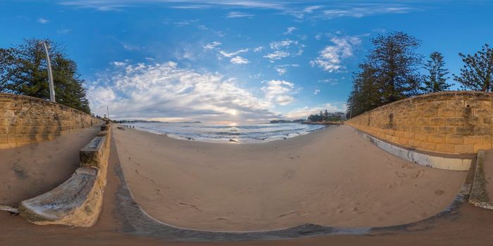 Spherical panoramic photograph of Terrigal beach on the central coast of regional New South Wales in Australia