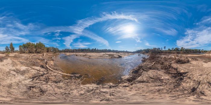 Spherical panoramic photograph of the Grose River after severe flooding in Yarramundi Reserve in the Hawkesbury region of New South Wales in Australia