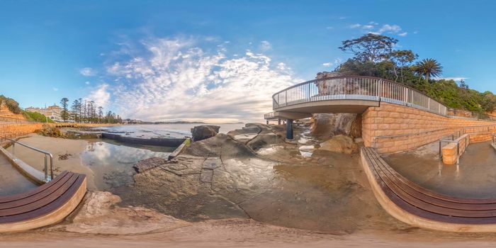 Spherical panoramic photograph of the Rock Pool in Terrigal on the central coast of regional New South Wales in Australia