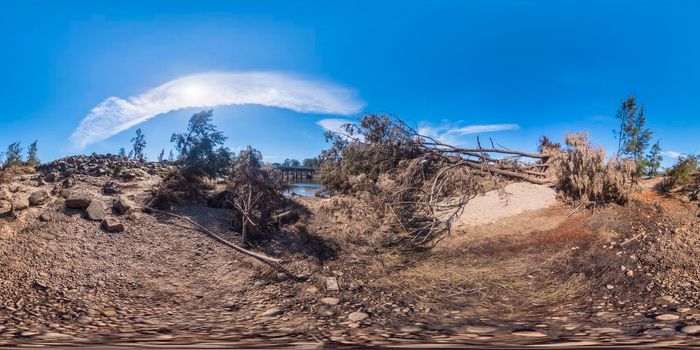 Spherical panoramic photograph of the Nepean River after severe flooding in Yarramundi Reserve in the Hawkesbury region of New South Wales in Australia