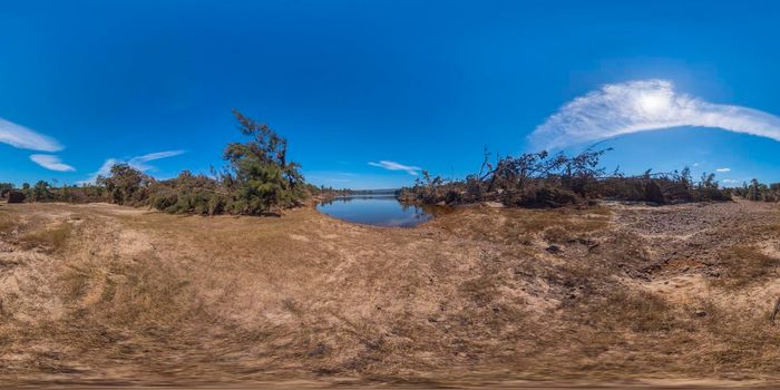 Spherical panoramic photograph of fallen trees after severe flooding in Yarramundi Reserve in the Hawkesbury region of New South Wales in Australia