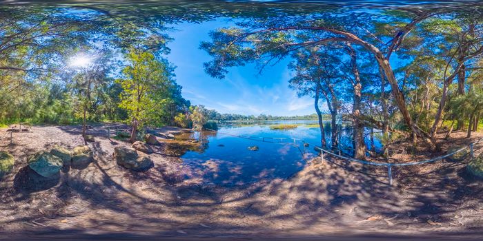 Spherical 360 panoramic photograph of Glenbrook Lagoon in The Blue Mountains in regional New South Wales in Australia