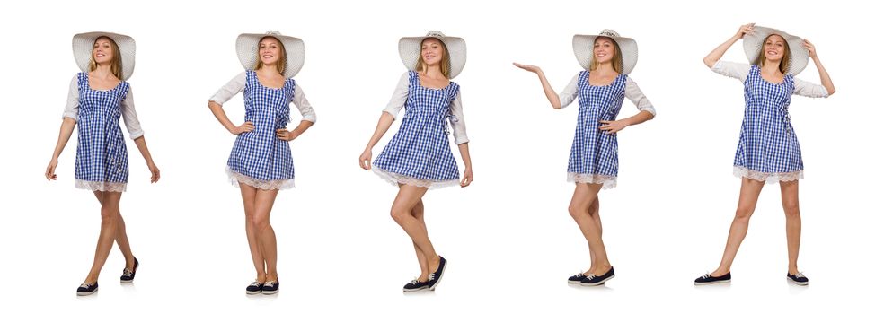 Smiling woman in plaid simple dress and hat isolated on the white