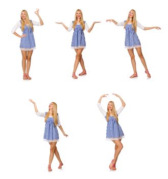 Caucasian woman in plaid blue dress isolated on white