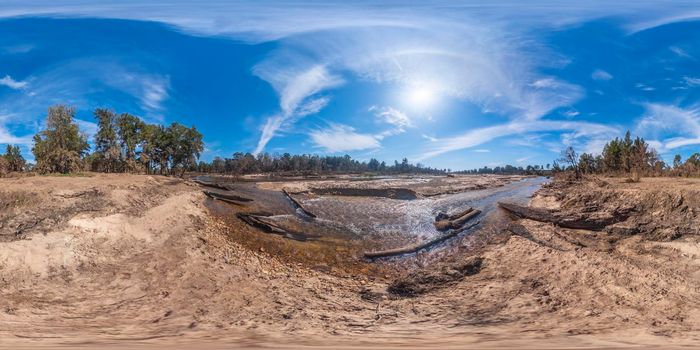 Spherical panoramic photograph of the Grose River after severe flooding in Yarramundi Reserve in the Hawkesbury region of New South Wales in Australia