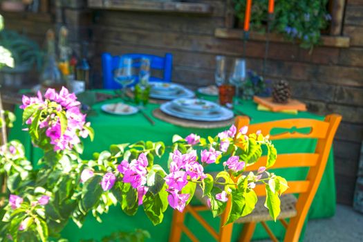 Set table outdoors in rustic setting in summer