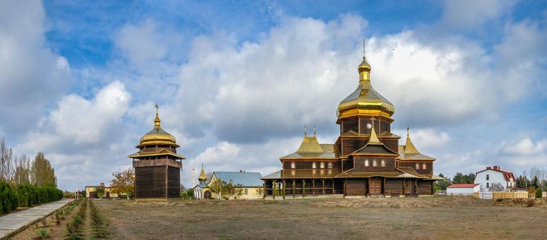 29.10.2020. Wooden Church of St. Sergius of Radonezh in Sergeevka resort, Odessa region, Ukraine, on a sunny autumn day