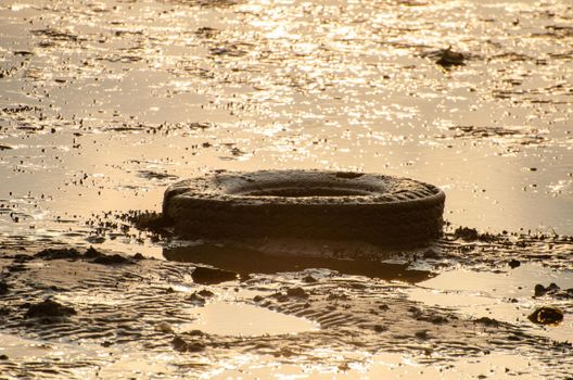 Old dirty car tyre at sea coastal.