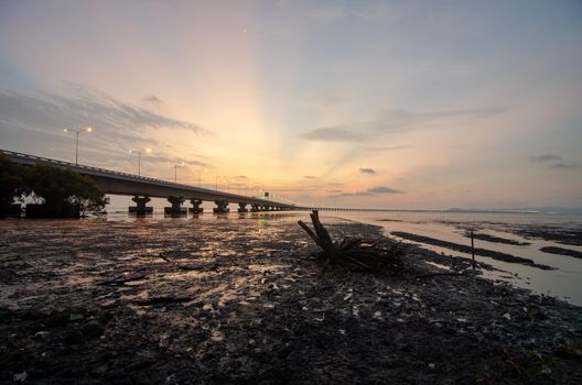 Penang second bridge with wooden dead trees during sunset hour.