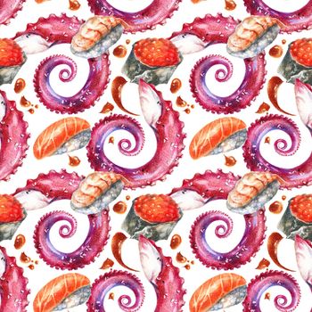 Color pencils realistic illustration of asian seafood - sushi, roll with caviar, octopus tentacle and soy sauce drops. Seamless pattern. Hand-drawn objects on white background.