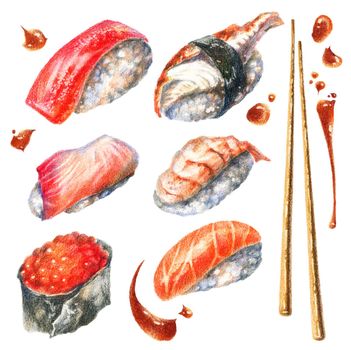 Color pencils realistic illustration of asian seafood - sushi with chicken, salmon fish and shrimp with soy sauce drops. Hand-drawn stillife on white background.