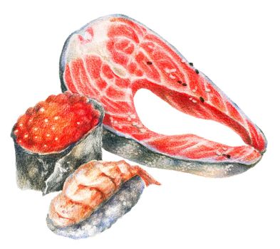 Color pencils realistic illustration of asian seafood - sushi with shrimp and chicken, roll with caviar and salmon fish steak. Hand-drawn food on white background.
