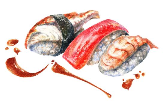Color pencils realistic illustration of asian seafood - sushi with chicken, salmon fish and shrimp with soy sauce drops. Hand-drawn stillife on white background.