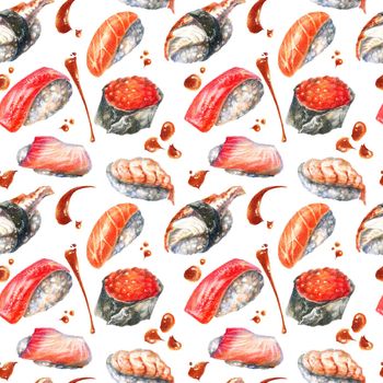 Color pencils realistic illustration of asian seafood - sushi, rolls and soy sauce drops. Seamless pattern. Hand-drawn objects on white background.