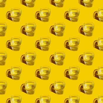 Seamless pattern of glasses with water on a yellow background. For printing posters on fabric.