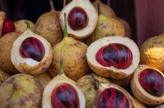 Georgetown, Penang/Malaysia - Feb 29 2020: Fresh raw nutmeg