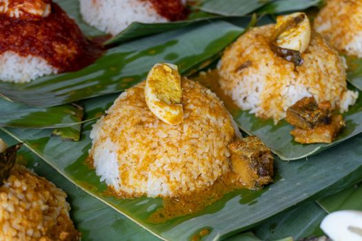 Close up nasi lemak with sauce. Malaysia food.