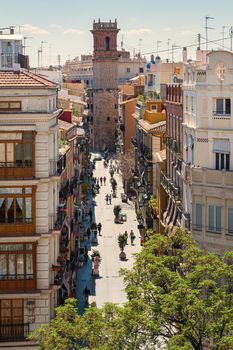 View at Valencia downtown with people walking in the street. Rooftops of Valencia downtown. Spain. Europe.