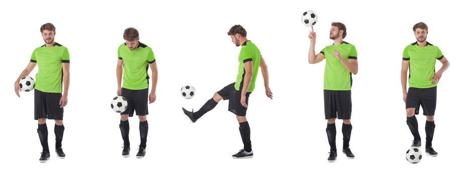 Set of Man playing football soccer isolated on white background, green jersey uniform