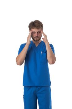 Male healthcare worker nurse surgeon doctor man over isolated background suffering from headache desperate and stressed, hands on head