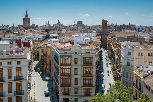 View at Valencia downtown with people walking in the street. Rooftops of Valencia downtown. Spain. Europe.