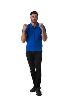 Full length casual portrait of handsome tall successful young man holding fists isolated on white background