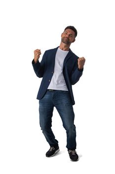 Young business man winner holding fists isolated on white background full length studio portrait