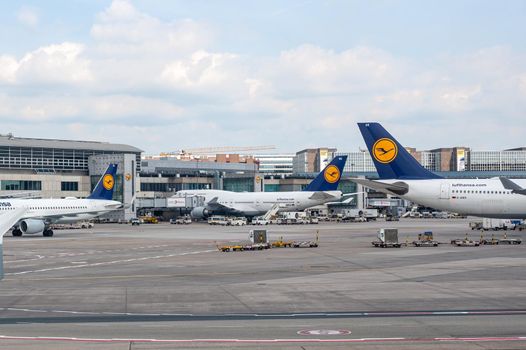 05/26/2019. Frankfurt Airport, Germany. Fleet of lufthansa airplanes. Airport operated by Fraport and serves as the main hub for Lufthansa.