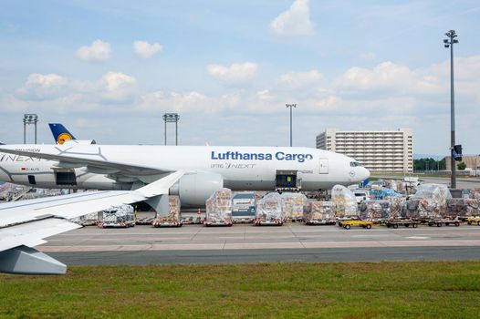 05/26/2019. Frankfurt Airport. Germany. Boeing 777 Freighter in Lufthansa cargo depot operated by Fraport and serves as the main cargo hub.