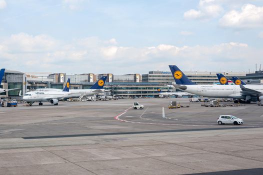 05/26/2019. Frankfurt Airport, Germany. Fleet of lufthansa airplanes. Airport operated by Fraport and serves as the main hub for Lufthansa.