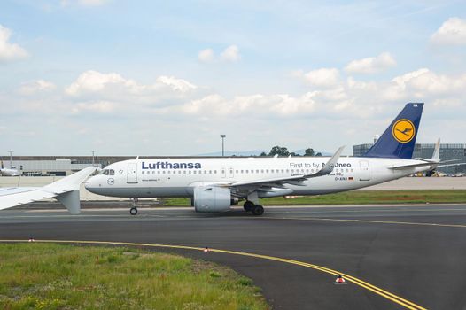 05/26/2019 Frankfurt Airport, Germany. Airbus A320 neo new taxiing to runway. Airport operated by Fraport and serves as the main hub for Lufthansa.