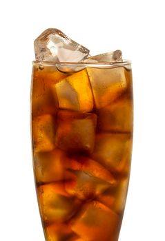 Close up one big high glass of iced tea cold drink isolated on white background, low angle side view