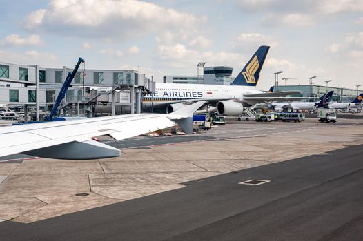 05/26/2019. Frankfurt Airport, Germany. Singapore Airplane at terminal. Airport operated by Fraport and serves as the main hub for Lufthansa.