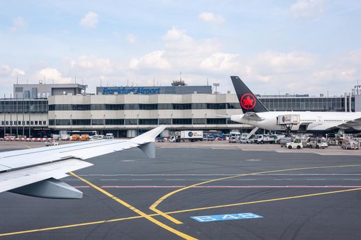 05/26/2019. Frankfurt Airport, Germany. Transatlantic Air Canada airplane in front of main terminal. Airport operated by Fraport and serves as the main hub for Lufthansa including Lufthansa City Line and Lufthansa Cargo.